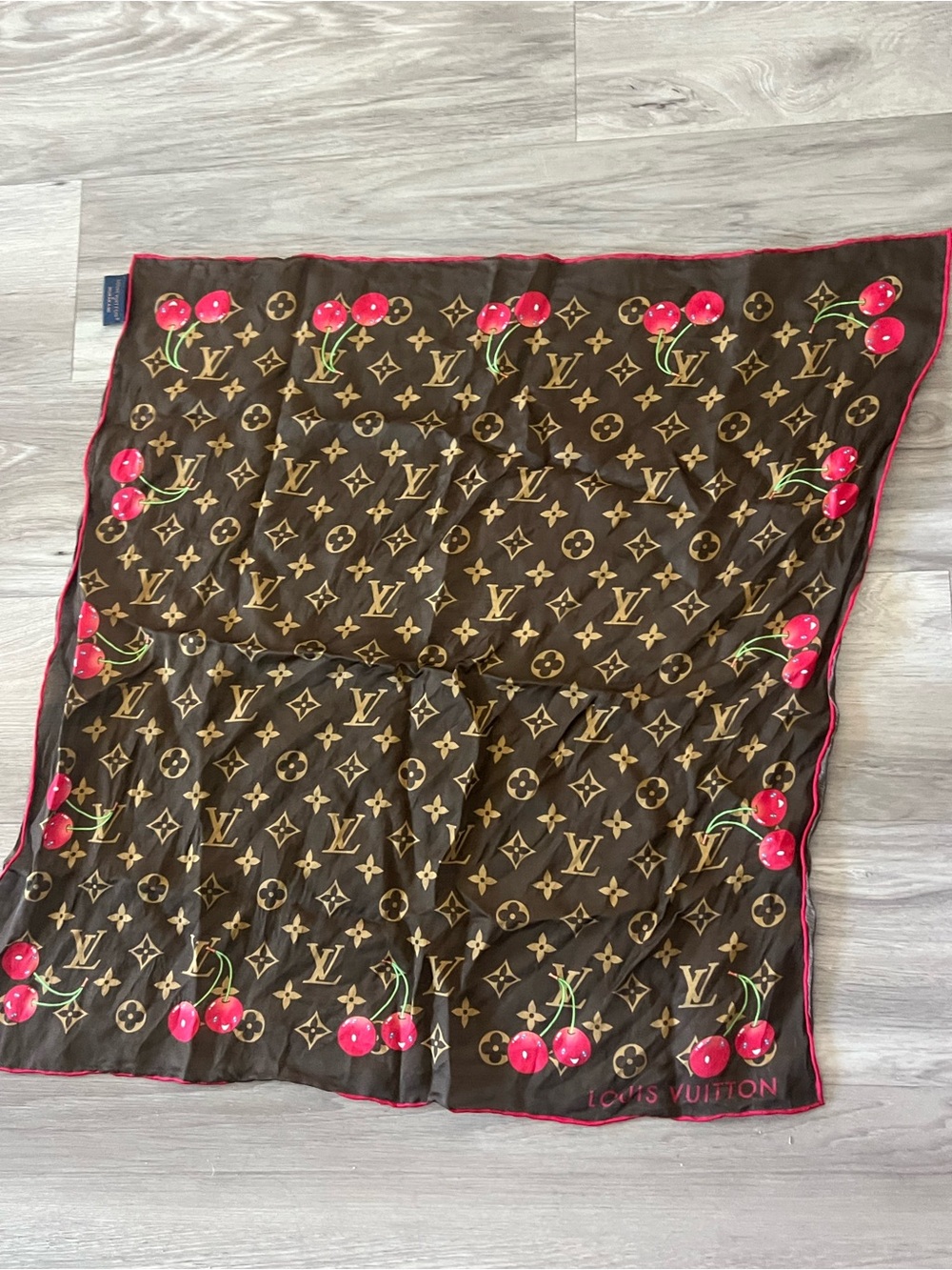 Louis Vuitton Brown & Pink Cherry Monogram Silk Square Scarf Murakami